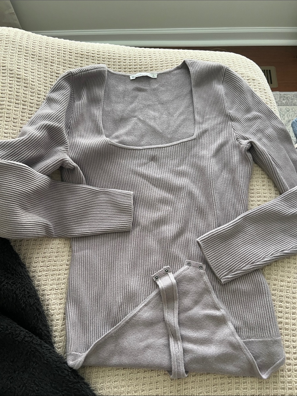 Ribbed Square-Neck Long Sleeve Bodysuit Sweater in Light Taupe